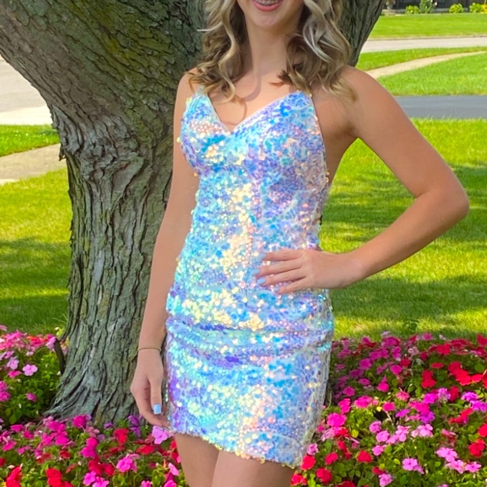 White/holographic homecoming dress from gowntastic.